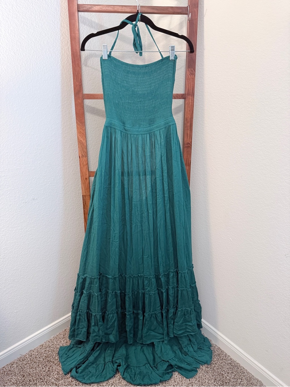 R. Vioimos Teal Strapless Maxi Dress with Halter Tie